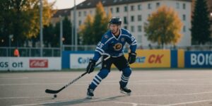 Street Hockey Spieler in urbanem Umfeld