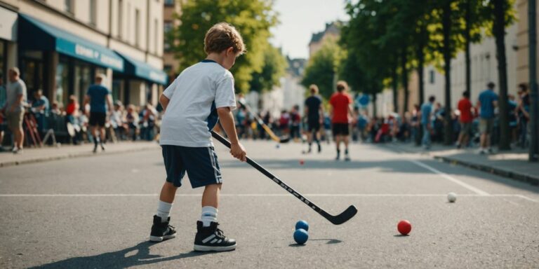 Kinder spielen Street Hockey auf der Straße.