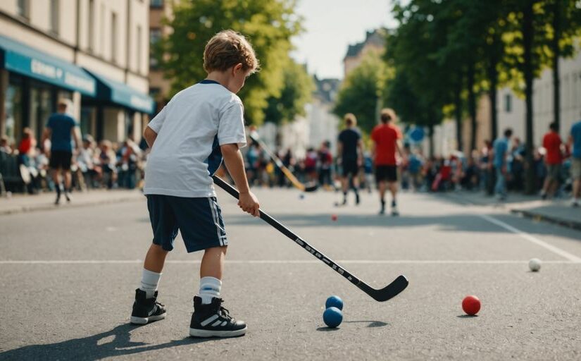 Kinder spielen Street Hockey auf der Straße.