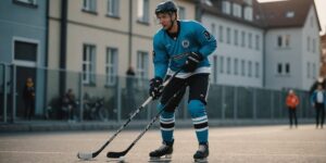 Straßenhockey-Spieler in intensivem Spiel auf der Straße