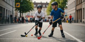 Kinder spielen Street Hockey auf der Straße.