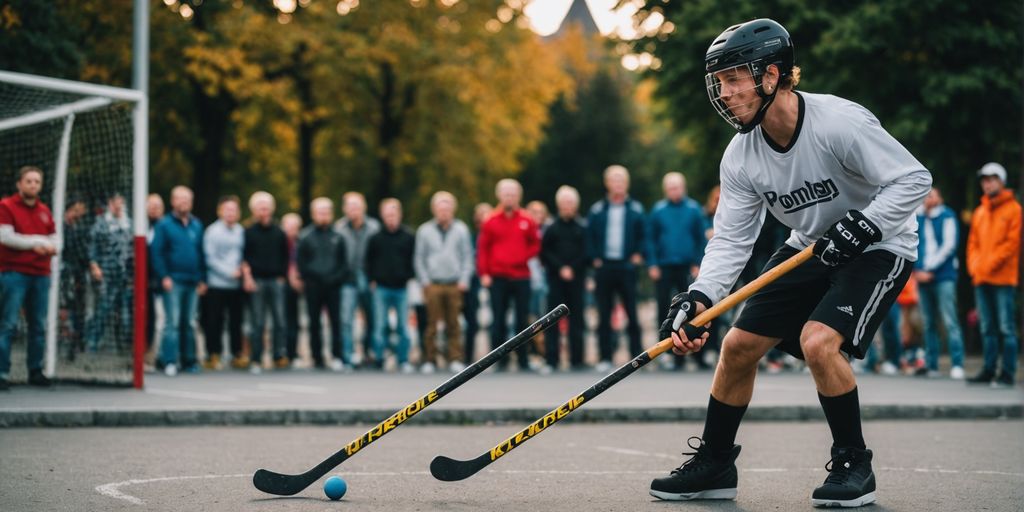 Kind übt Street Hockey im Garten