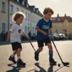 Kinder spielen Straßenhockey auf sonniger Straße