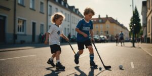 Kinder spielen Straßenhockey auf sonniger Straße