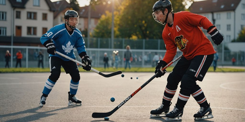 Street-Hockey-Spieler in intensiver Spielsituation