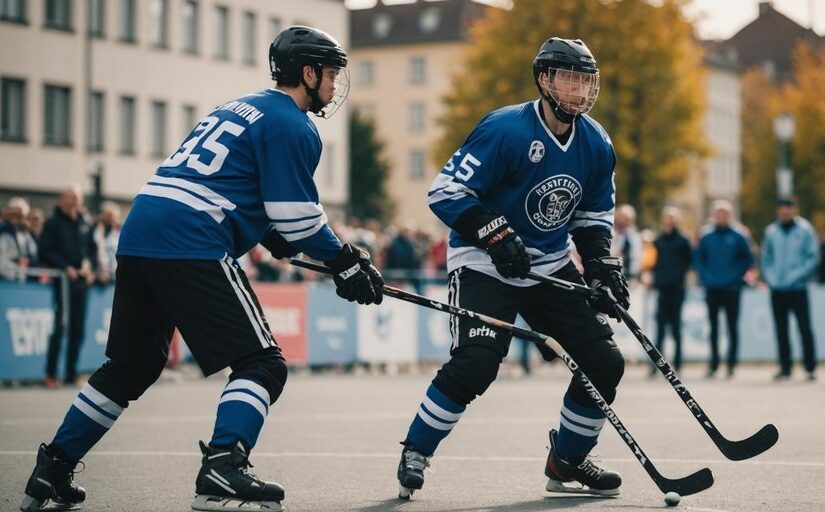 Street Hockey Spieler im Wettkampf auf internationaler Bühne