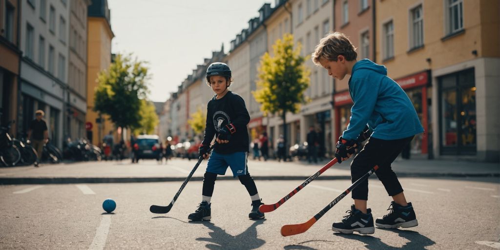 Kinder spielen Street Hockey auf der Straße