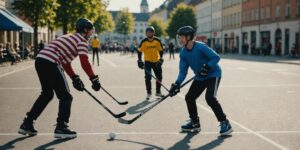 Jugendliche beim Street Hockey auf sonnigem Platz