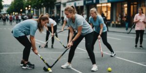 Frauen beim Street Hockey auf einer Straße